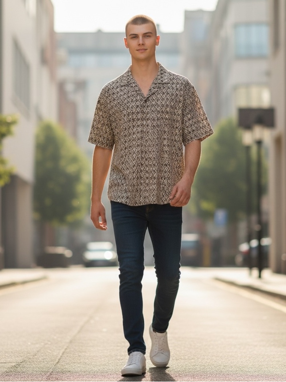 MAUVAIS Mens L Geometric Jacquard Polo Shirt Cuban Collar Tan Black Knit